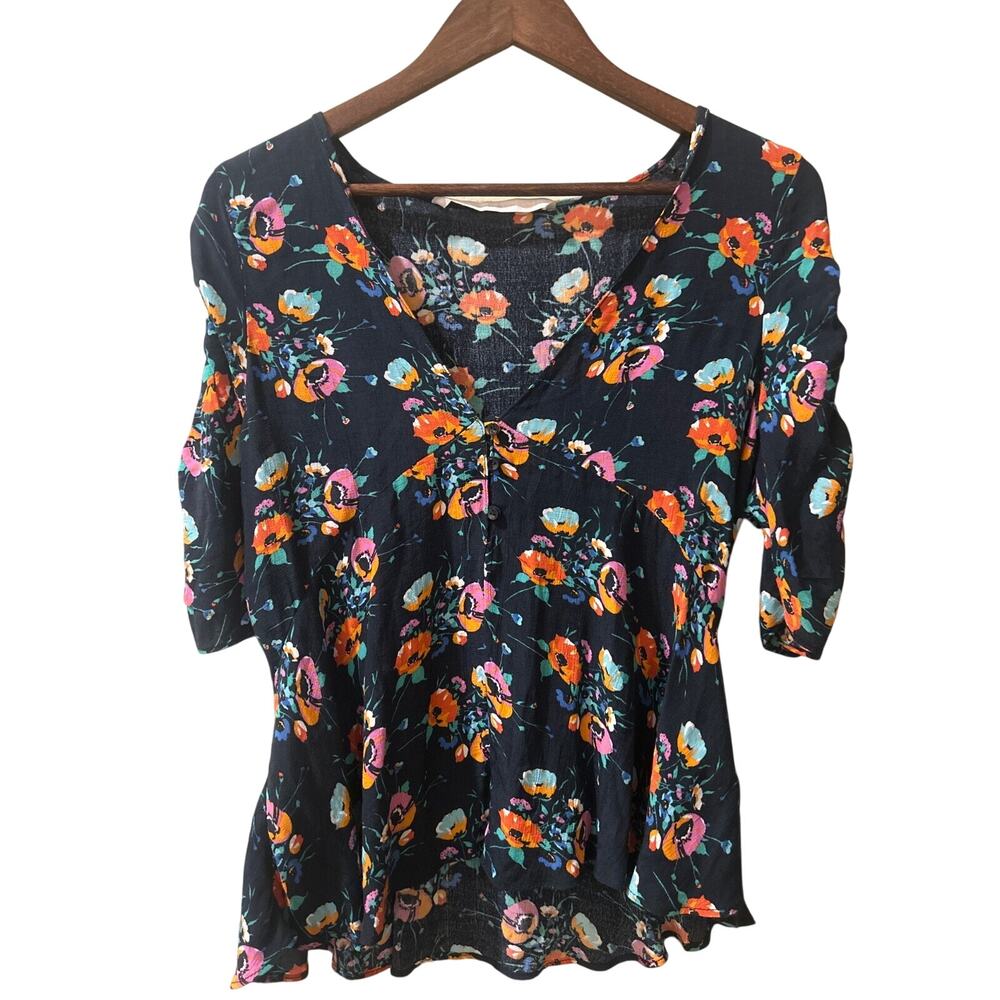 Zara Trafaluc Navy Floral Ruched Sleeve Peplum Top Size Small - Picture 1 of 6